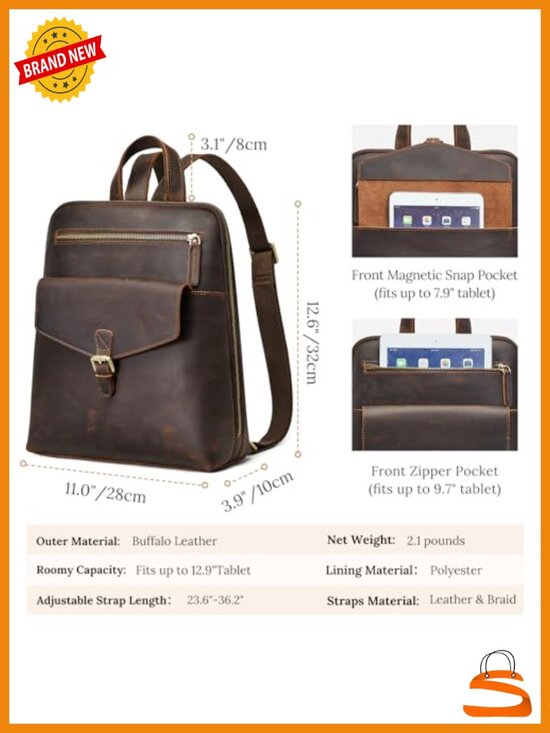 Small Leather Backpack Purse with Luggage Sleeve, Multi Pockets, Top Grain main image 5